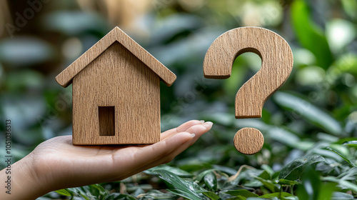 hand holds a floating 3D question mark next to a minimalist house model. The scene suggests uncertainty or curiosity related to real estate, home ownership, or property investment decisions photo