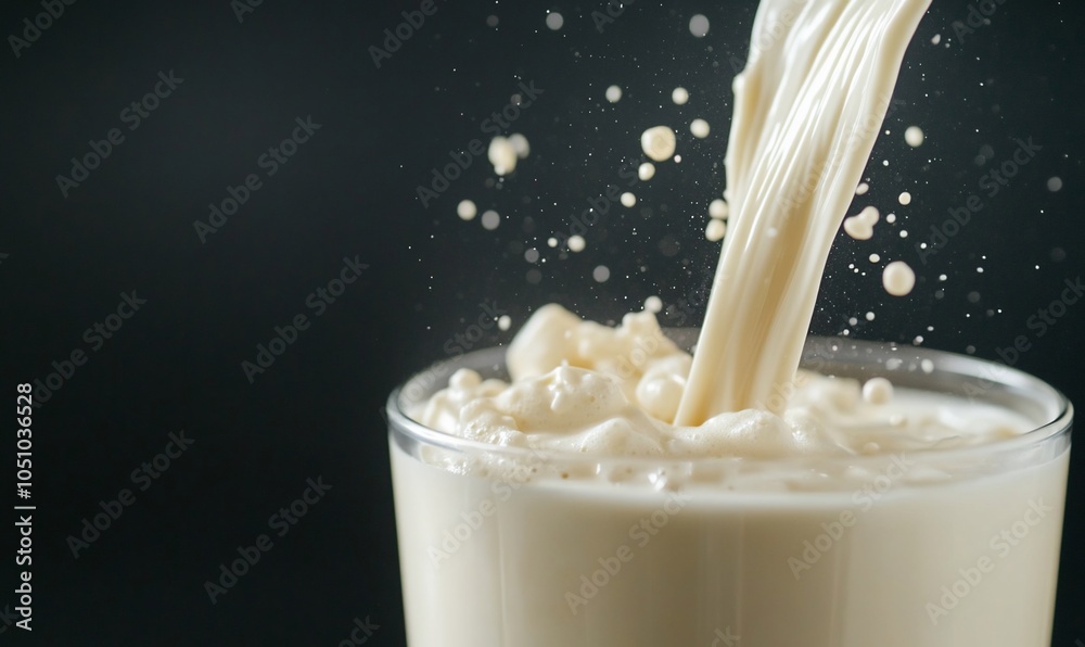 Milk pouring into a glass, creating a splash and droplets on a black background. Milk pouring into a glass, creating a splash and droplets on a black background.