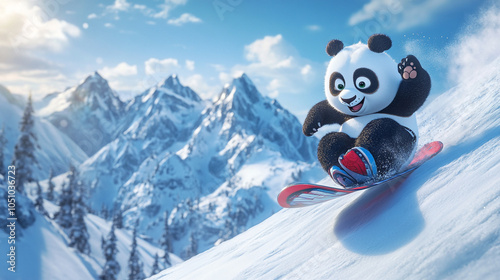 Fototapeta Naklejka Na Ścianę i Meble -  Panda enjoying a thrilling snowboard ride down a snowy mountain during a sunny day