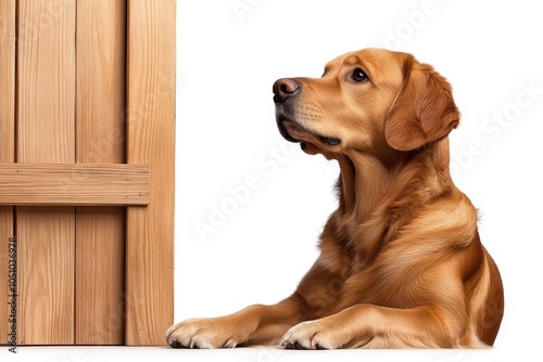 a 2D cartoon illustration of a farm dog sitting by a barn loyal and cute white background photo