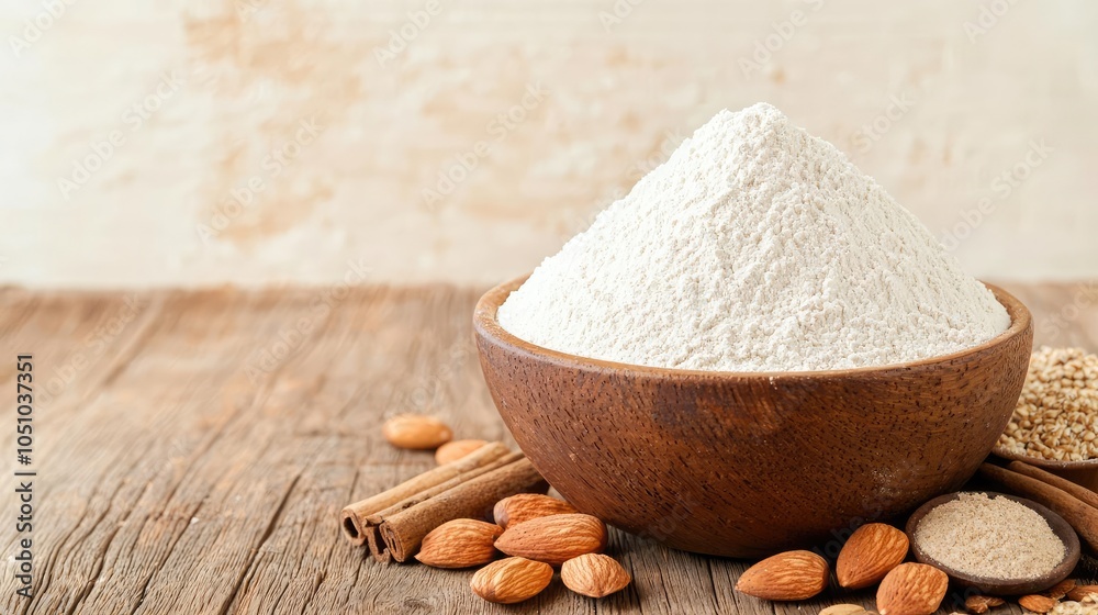 Bowl of flour surrounded by almonds and spices on a wooden table. Bowl of flour surrounded by almonds and spices on a wooden table.