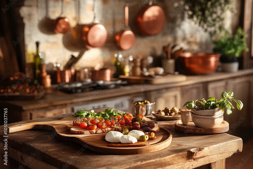 A rustic kitchen scene featuring a wooden table with a colorful array of fresh ingredients and a cozy ambiance highlighted by copper cookware. A rustic kitchen scene featuring a wooden table with a colorful array of fresh ingredients and a cozy ambiance highlighted by copper cookware.