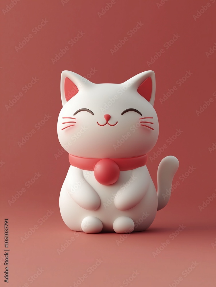 A cute, smiling white cat figurine with a pink collar and a simple design, set against a warm, reddish background. A cute, smiling white cat figurine with a pink collar and a simple design, set against a warm, reddish background.