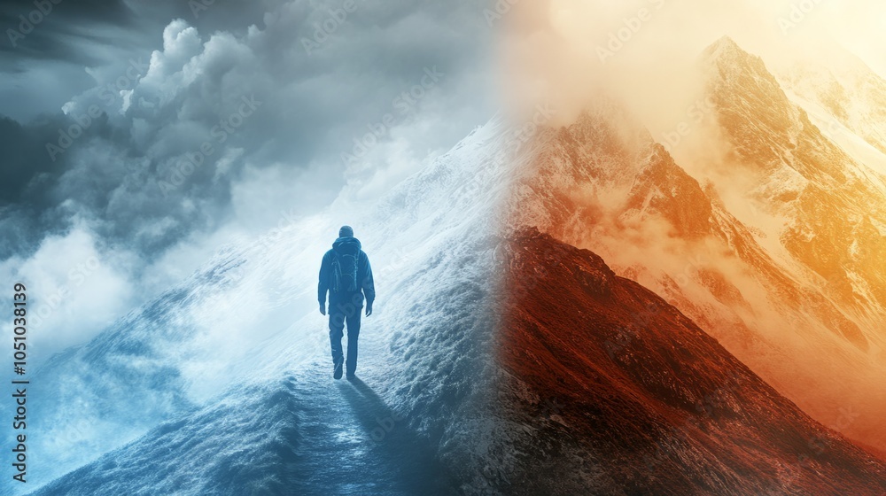 Obraz premium A hiker choosing between two mountain trails, one bathed in light and the other covered in fog and storms. generative ai