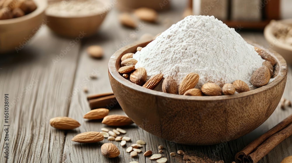 Almond flour in a wooden bowl with whole almonds, spices on a rustic wooden surface. Almond flour in a wooden bowl with whole almonds, spices on a rustic wooden surface.