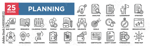 Planning icon collection set. Containing design business, plan, concept, planning, marketing, management