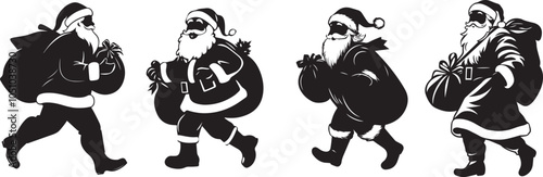 Silhouette of Santa Claus carrying a sack of gifts, Santa Claus running with the bag of the presents vector silhouette
