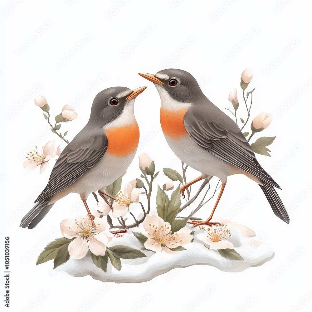 Obraz premium Delicate Springtime Illustration of Two Robins Among Blossoming Branches
