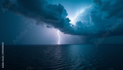 Lightning Strike Over Ocean: Dramatic Storm at Sea