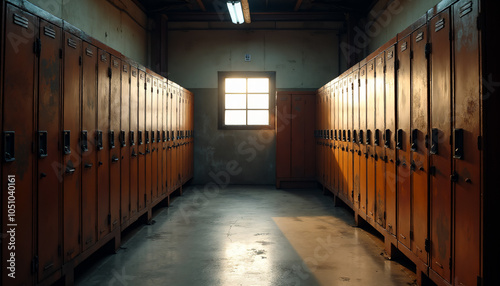 Vintage School Locker Room with Rusty Lockers and Sunlight Streaming Through Window