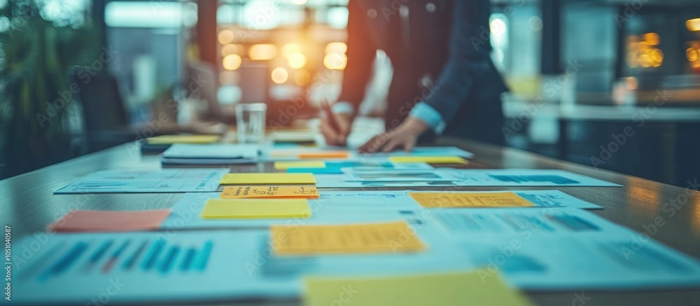 Closeup of a desk with papers and sticky notes, blurred businessman in the background.