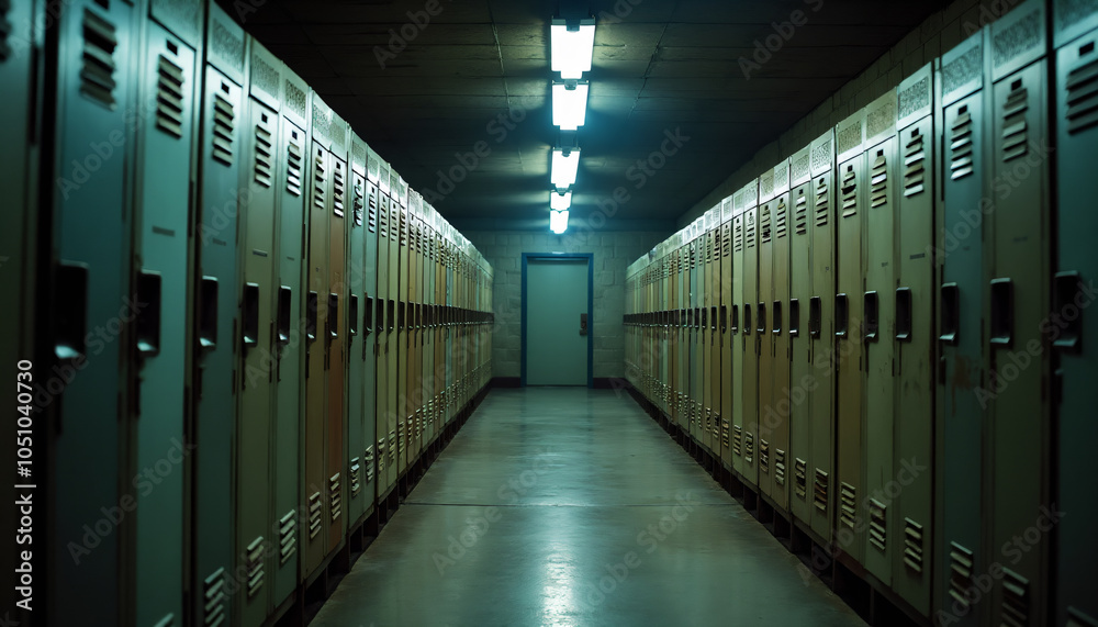 Dark and Creepy Locker Room Corridor with Fluorescent Lights