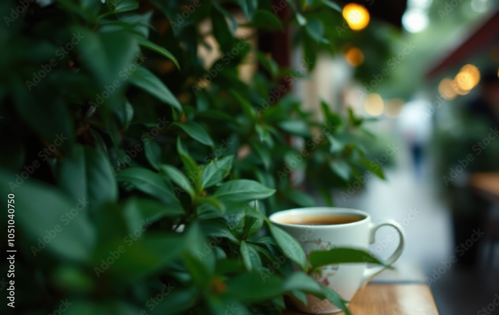 Serene Coffee Moment Surrounded by Lush Greenery Serene Coffee Moment Surrounded by Lush Greenery