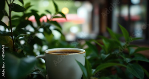 Cozy Coffee Moment Surrounded by Lush Greenery