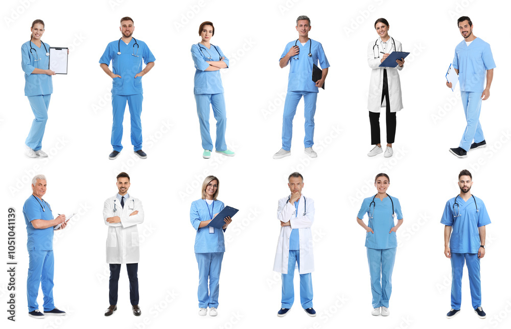 Fototapeta premium Different healthcare workers on white background, collage of photos
