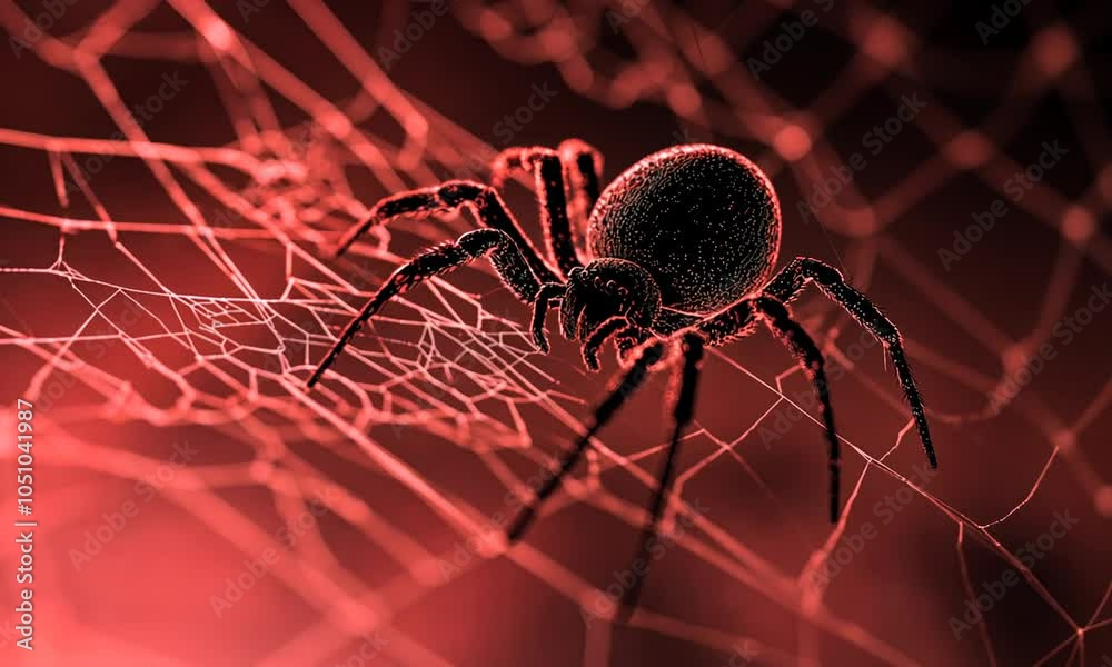 red spider with web on dark background