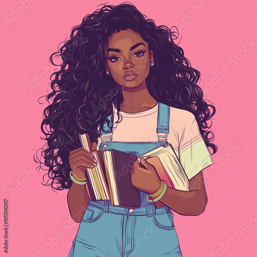 Illustration black woman with books, generative IA photo