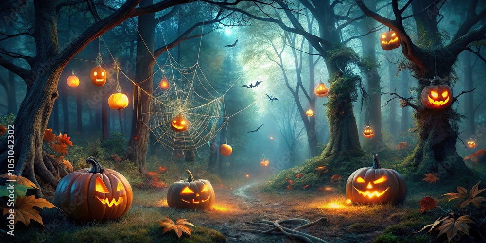 Fototapeta premium Dark forest landscape with glowing jack-o-lanterns and spider webs, forest, misty night