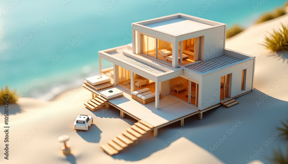 Fototapeta premium Modern Beach House Model on Sandy Shore: Coastal Living and Vacation Rental Dreams