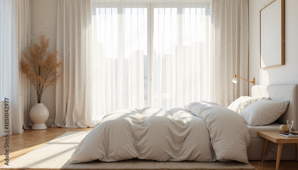 Modern Bedroom with Beige Bedding and Large Windows Modern Bedroom with Beige Bedding and Large Windows
