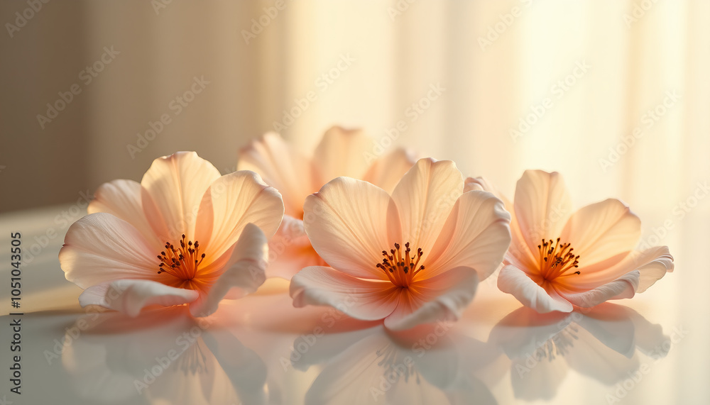 Naklejka premium Three Peach Cosmos Flowers on White Surface with Soft Backlighting