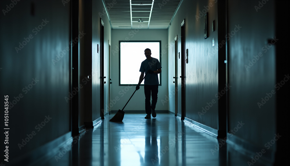Janitor Maintaining Cleanliness in Dark, Empty Office Hallway Janitor Maintaining Cleanliness in Dark, Empty Office Hallway