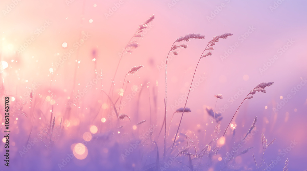 A landscape view of a dew-kissed meadow at dawn, symbolizing new beginnings, with mist floating over the grasses and flowers beginning to open.