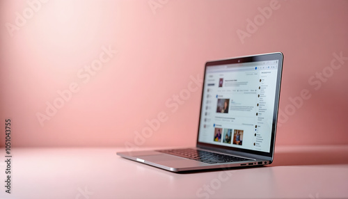 Modern Silver Laptop Displaying Social Media Feed on Pink Background photo