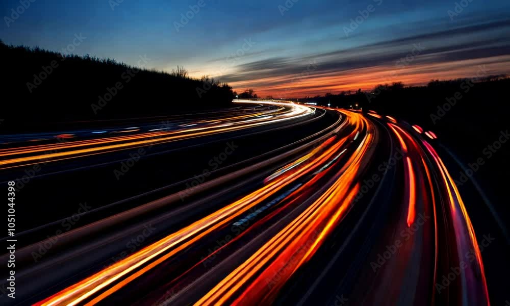 A dynamic sunset scene showcasing light trails from vehicles on a winding road. A dynamic sunset scene showcasing light trails from vehicles on a winding road.