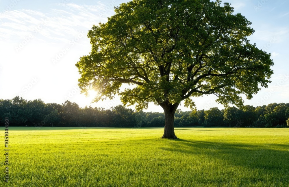 Lone tree standing in a vibrant green field under a bright sky. Lone tree standing in a vibrant green field under a bright sky.