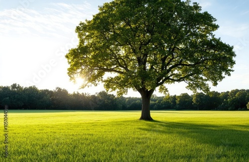 Lone tree standing in a vibrant green field under a bright sky.