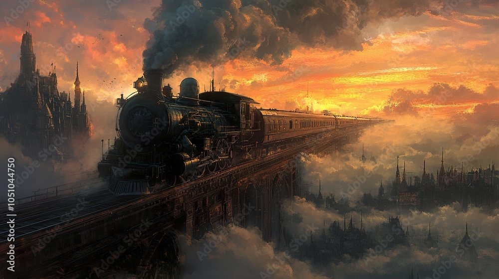 Fototapeta premium Steam Train Through the Clouds: A Fantasy Cityscape