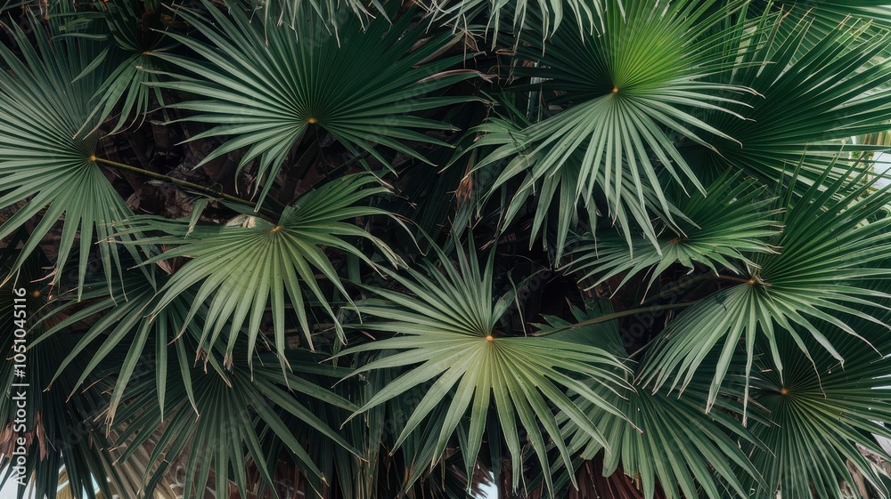 Lush green palm leaves creating a tropical and vibrant atmosphere. Lush green palm leaves creating a tropical and vibrant atmosphere.