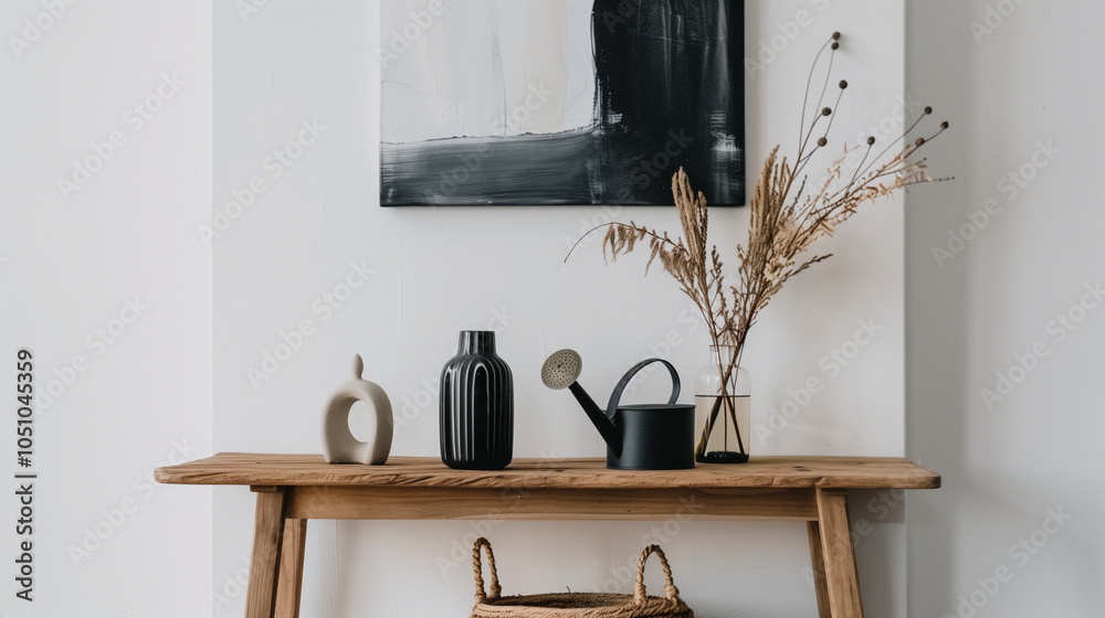 Obraz premium Rustic wooden shelf with minimalist decor and dried plants against white wall