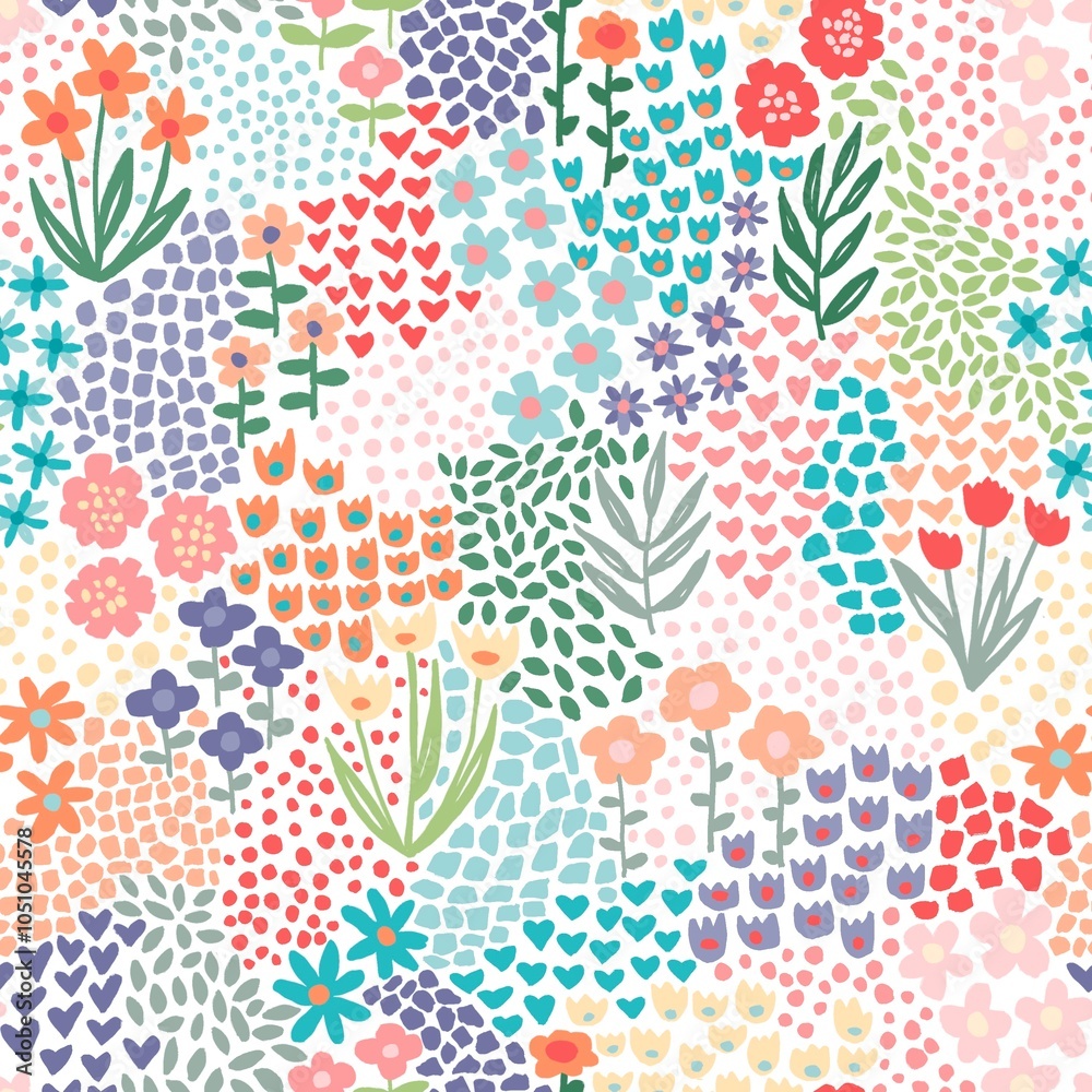 Naklejka premium Happy Flower Garden Seamless Pattern