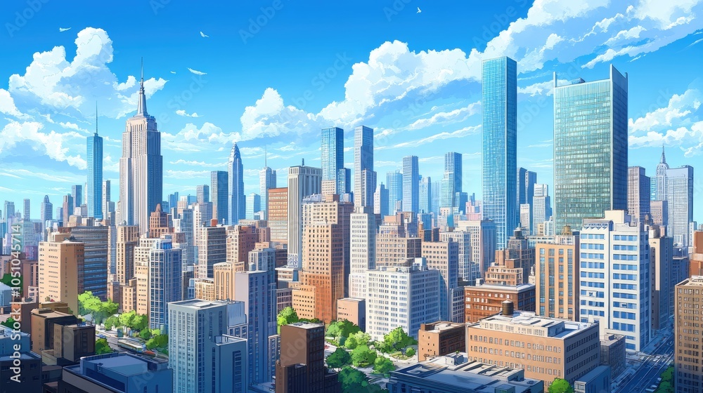 Fototapeta premium Stunning Cityscape with Tall Buildings and Blue Sky - Urban Architecture and Modern Design