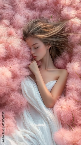 Woman Sleeping on Soft Pink Flowers