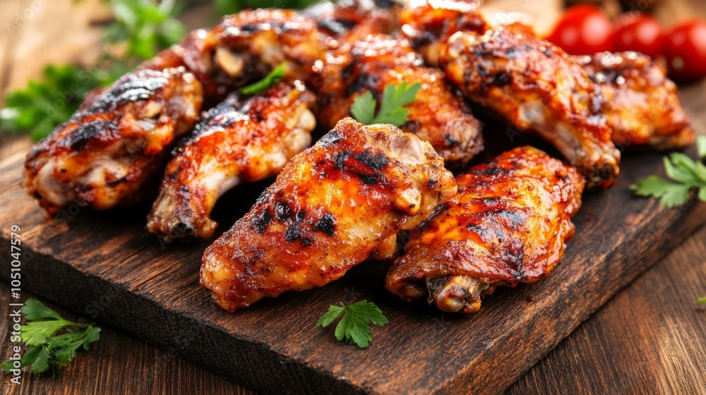Delicious Chicken Wings on Rustic Wooden Board Delicious Chicken Wings on Rustic Wooden Board