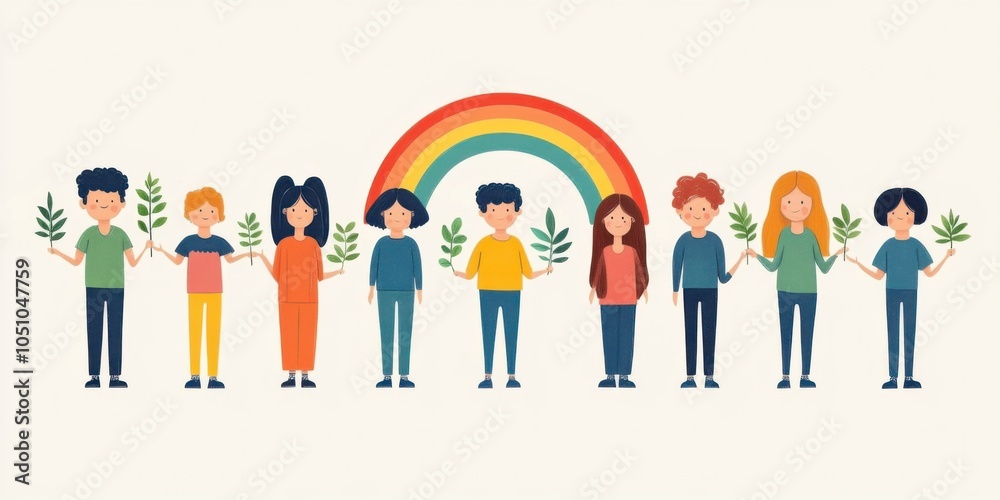 Diverse Group of Cartoon Characters Holding Plants Under a Rainbow Diverse Group of Cartoon Characters Holding Plants Under a Rainbow