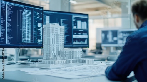 An architect reviewing digital designs and a scale model in a modern office with multiple screens showcasing building plans.