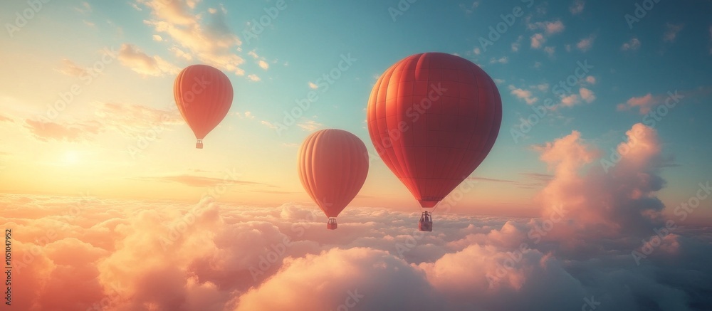 Fototapeta premium Three hot air balloons fly above clouds at sunset.