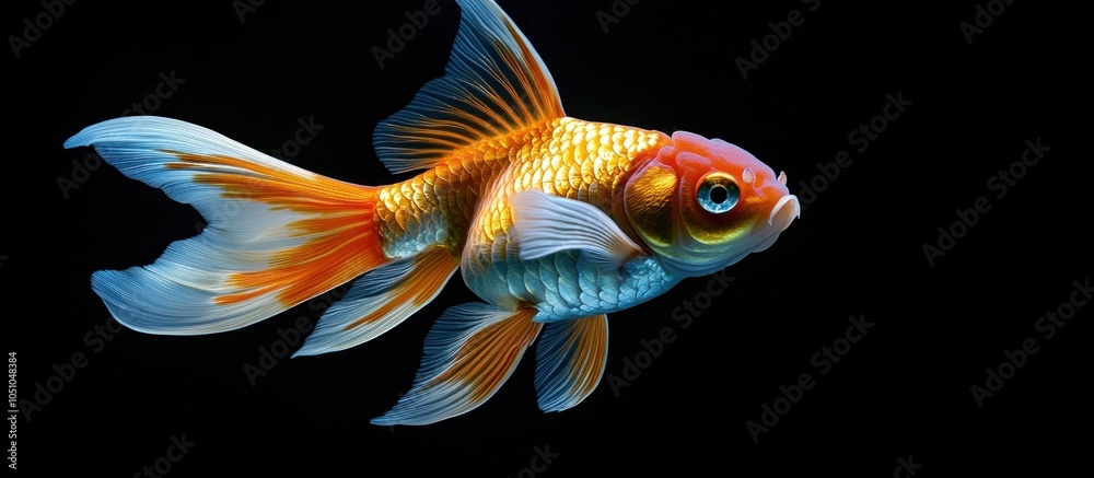 Fototapeta premium A single goldfish with orange and white fins swims against a black background.