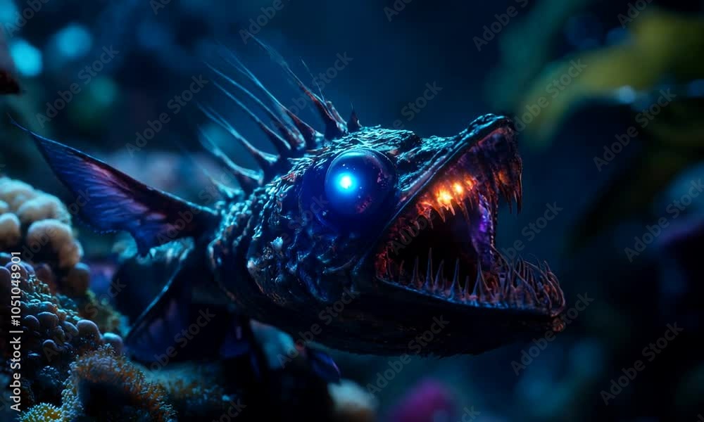 A glowing deep-sea creature with sharp teeth and vibrant colors, showcasing marine life diversity. A glowing deep-sea creature with sharp teeth and vibrant colors, showcasing marine life diversity.