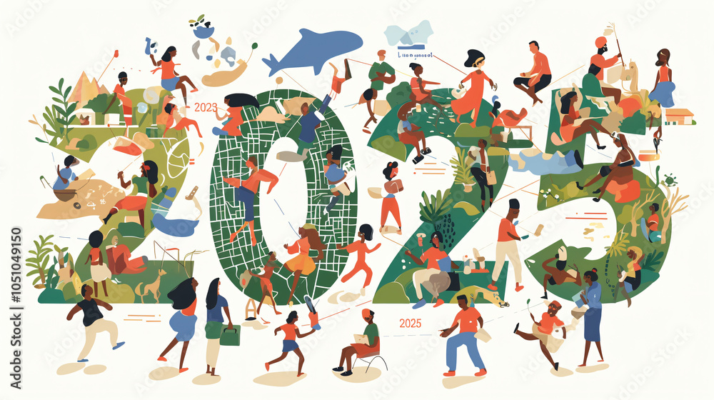 Fototapeta premium vibrant illustration depicting years 2023, 2024, and 2025, showcasing diverse people engaged in various activities, symbolizing global collaboration and community