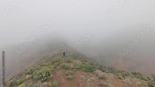 Following Man Hiking into Fog Covered Montanon Ridge in Channel Islands National Park