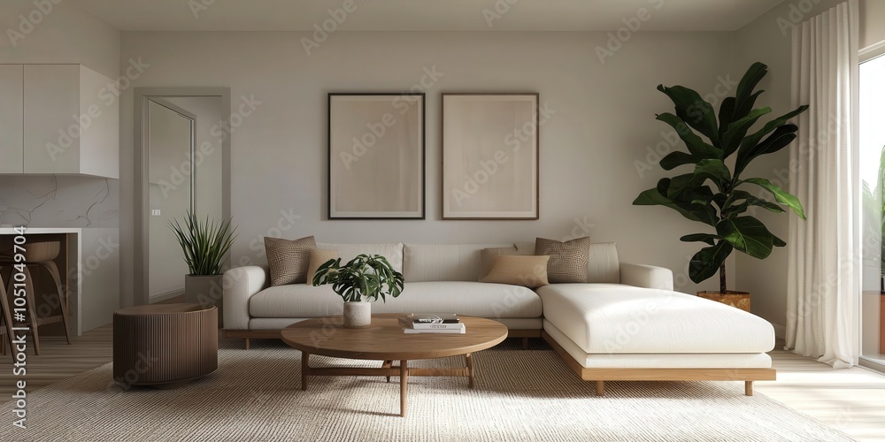 Fototapeta premium A bright and minimalist living room featuring a comfortable sofa, wooden coffee table, decorative plants, and modern artwork.