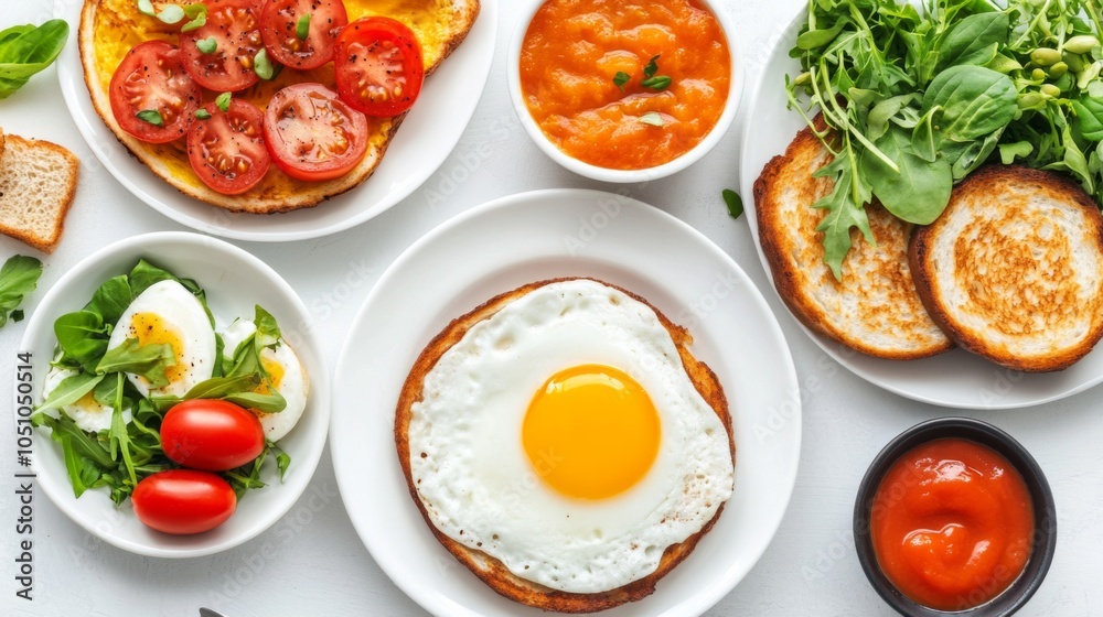 Colorful Breakfast Plates on White Background Colorful Breakfast Plates on White Background