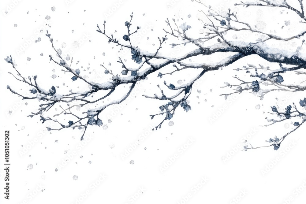 Fototapeta premium Winter Snow Falling on Branch with Snowy Buds Watercolor Painting