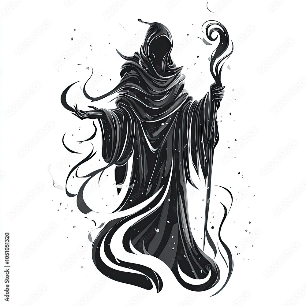 Silhouetted Figure in a Flowing Robe with a Staff Silhouetted Figure in a Flowing Robe with a Staff