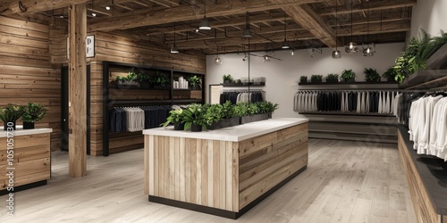 A stylish retail space featuring wooden decor, clothing displays, and greenery, creating a modern and inviting shopping atmosphere.